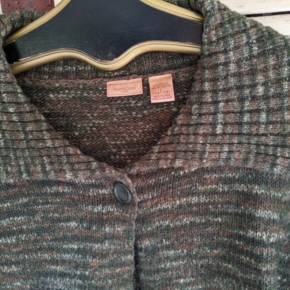 Women's North Crest Green Brown Multi Color Sweater Cardigan One Button Large - Picture 3 of 8